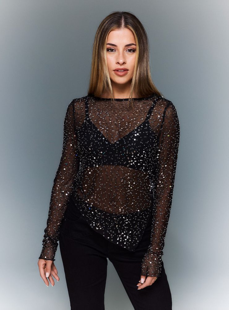 JJO Polera de Malla Asimétrica Full Mostacillas Lentejuelas