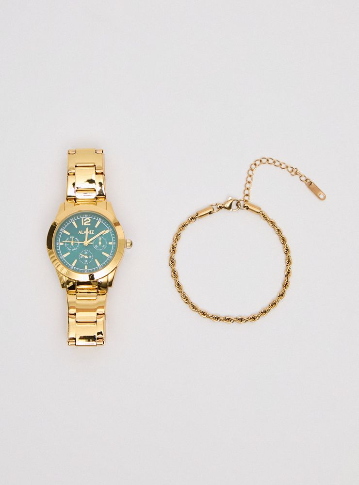 Alaniz Pack Reloj Análogo + Pulsera Gold Mujer