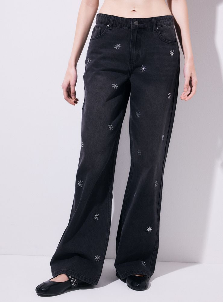 Opposite Jeans Wide Leg Alto con Bordados Palmeras