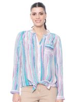 Blusa Listada Manga Larga Cintura Anudada Cuello Mao