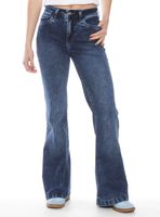 Jeans Flare Tiro Alto Push Up Bordado Botón Cierre