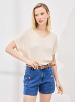 Polera Mezcla de Telas con Detalle Metalizado en Cuello