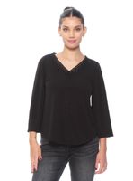 Blusa Manga 3/4 Sólido Escote V con Aplicación