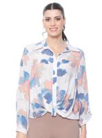 Blusa Estampada Abotonada en Delantero con Nudo en Ruedo