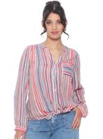 Blusa Manga Larga Listada Cuello Mao Abotonada