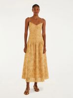 Vestido Midi Fruncido Delantero Diseño de Palmera Bordado