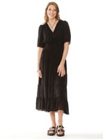 Vestido Sólido Escote V y Cintura Elasticada