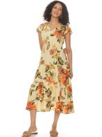 Vestido Manga Corta Estampada Escote V con Corte en Cintura