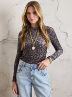 Polera Cuello Mock Estampada y Diseño en Terciopelo