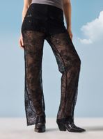 Pantalón Encaje Transparente con Brillos Wide Leg Tiro Alto
