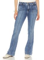 Jeans Flare Alforza Tiro Alto Pretina de Botón