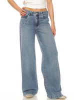Jeans Wide Leg Tiro Alto Pretina Básica 1 Botón Bordado