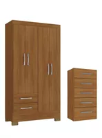Combo Clóset de 4 Puertas 2 Cajones + Cómoda de 5 Cajones Canela