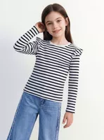 Polera Tela Acanalada Rayas con Vuelos en Hombros