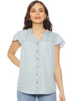 Blusa Manga Corta Lyocell Cuello Mau Ruchas con Botones