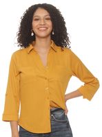 Blusa Manga 3/4 Sólida Escote V Abotonada en el Delantero