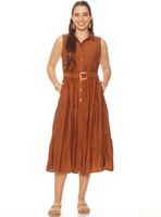 Vestido sin Manga Abotonado en Delantero con Lazo en Cintura