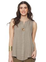 Blusa sin Manga Lino Escote V Botón