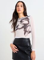 Polera de Rib Estampada con Cuello Bote y Manga Larga