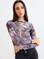 Polera de Rib Estampada con Cuello Bote Manga Larga