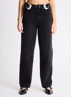 Jeans New Mom Cinturón Doble Hebilla Aplicación de Strass