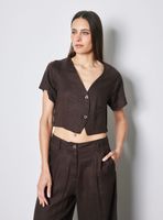 Blusa Lino Manga Corta Escote V con Botones