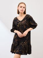 Vestido Fluido con Vuelo y Manga Abullonada Tres Cuartos