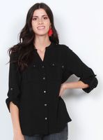 Blusa Manga Larga Sólida Cuello Mao y Bolsillos