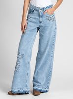 Jeans Wide Leg Tiro Alto Josefa Bordado Celeste
