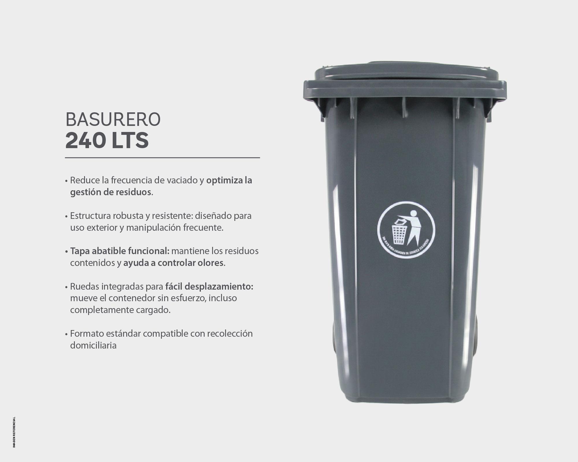 Basurero tapa y ruedas 240 litros industrial gris Cotidiana-3