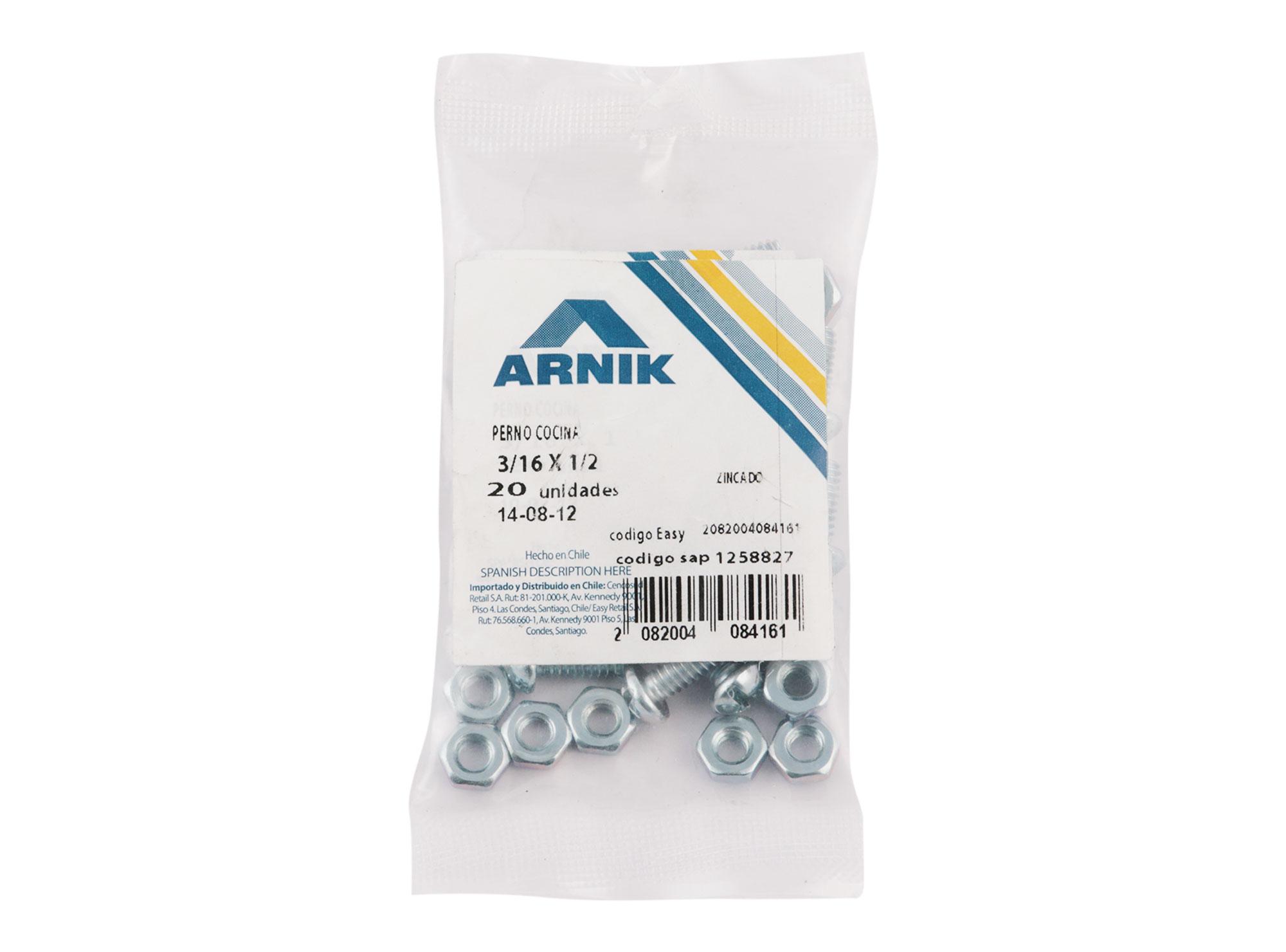 Perno cocina con tuerca 3/16x1/2'' zincado 20 unidades Arnik-1