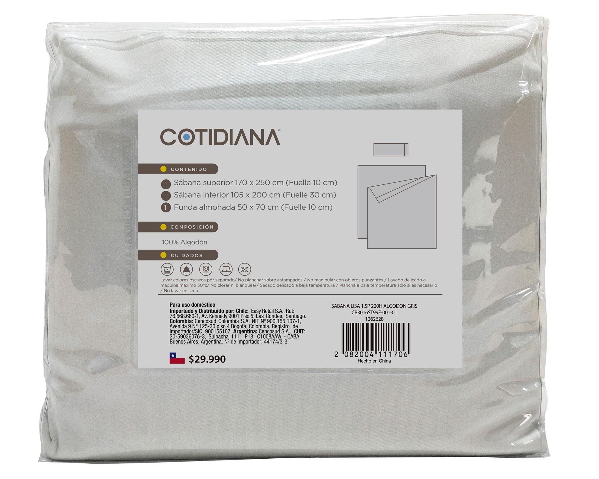 Juego sábanas 1,5 plazas 220 hilos Lisa gris Cotidiana-1