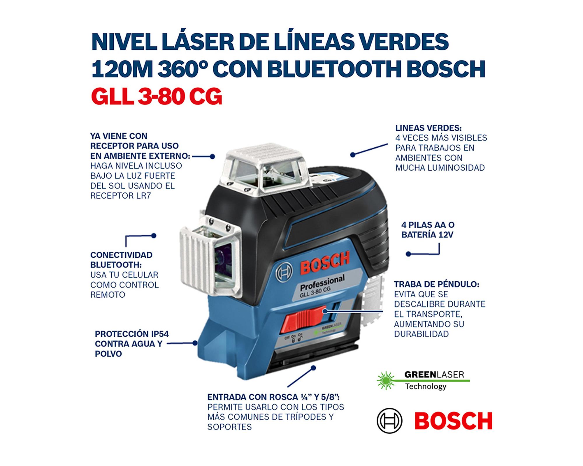 Nivel láser líneas verdes 120 m 360° Bluetooth GLL 3-80 CG-3
