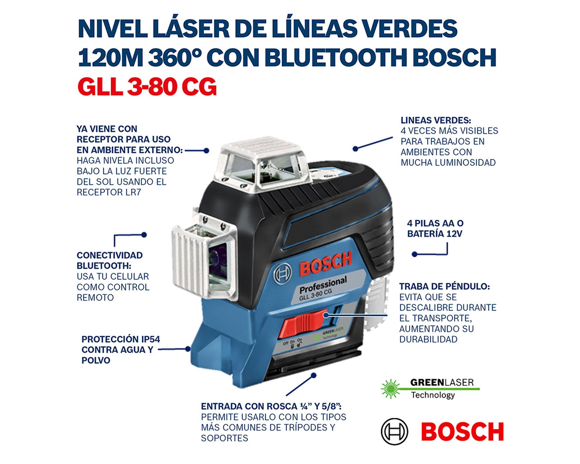 Nivel láser líneas verdes 120 m 360° Bluetooth GLL 3-80 CG-4