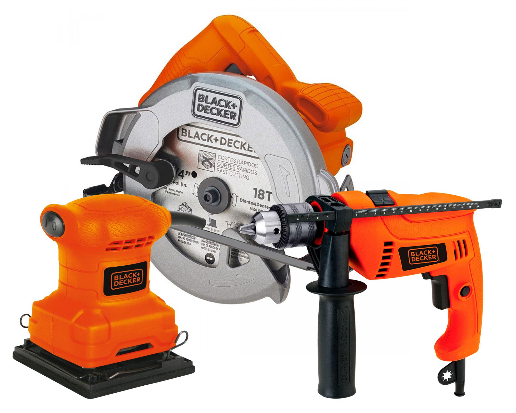 Sierra circular 1400W + lijadora orbital 200W + taladro percutor 550W Black+Decker-0