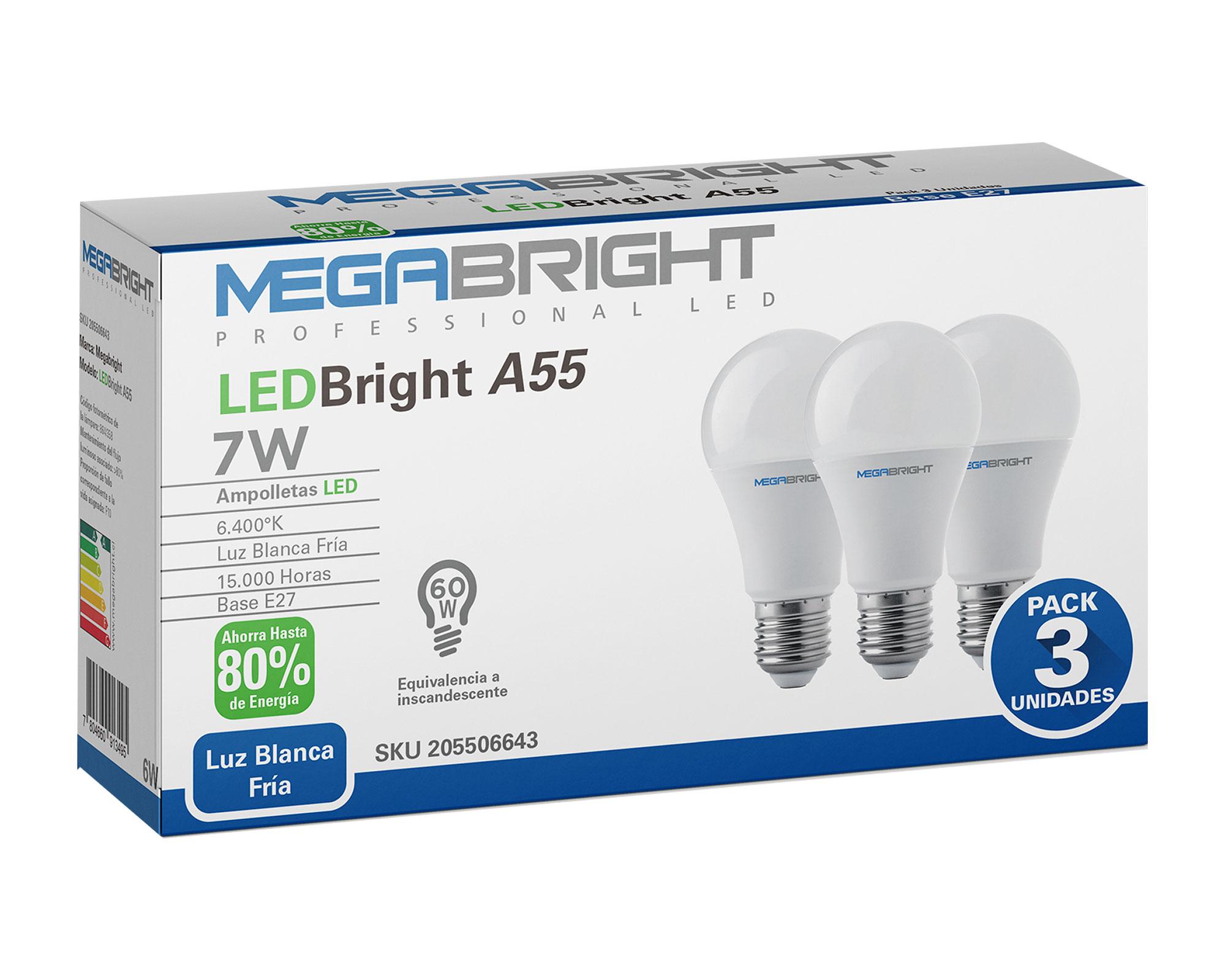 Ampolleta bright LED 7W E27 luz fría A55 3 unidades Megabright-4