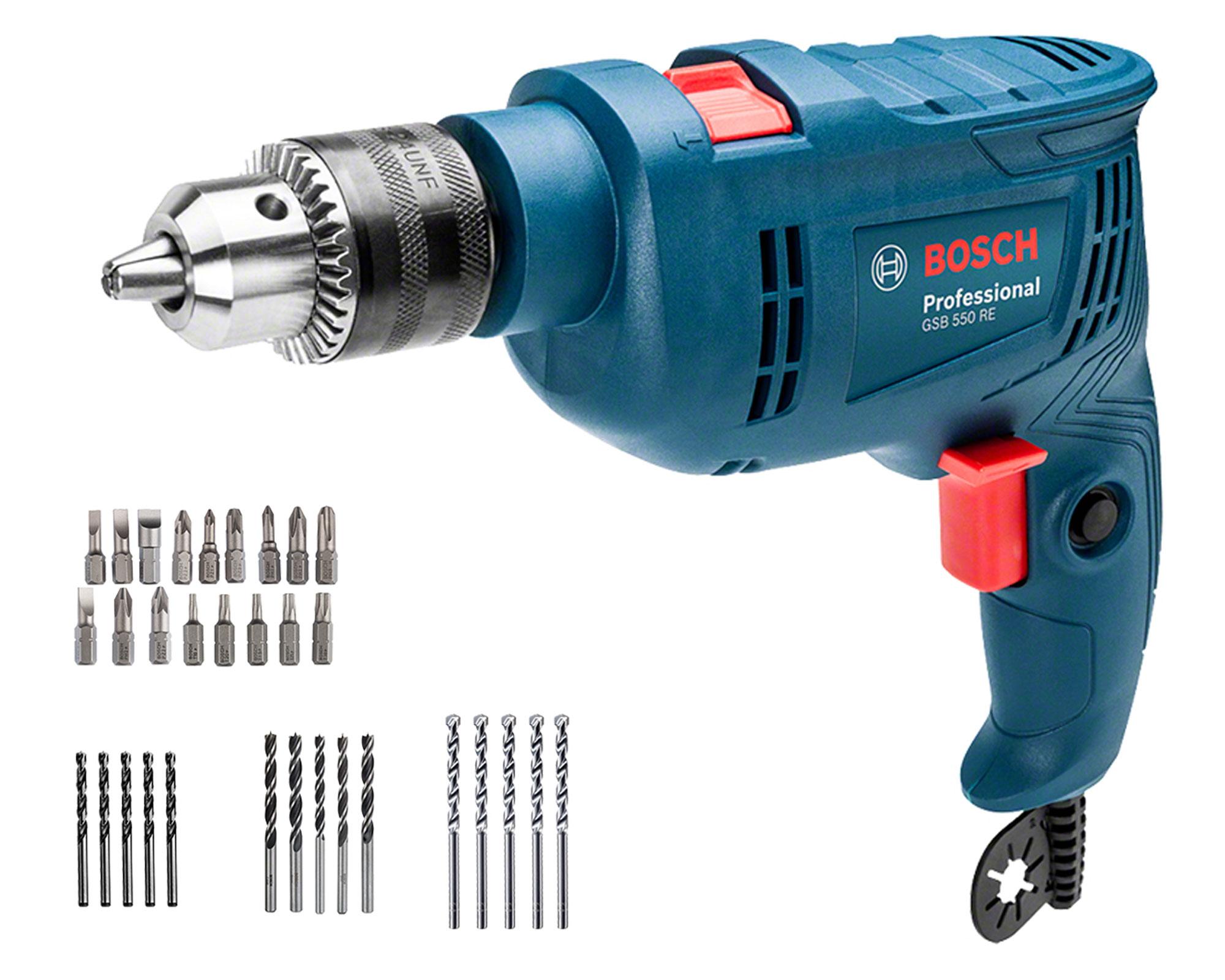 Taladro percutor 13 mm 550W GSB 550 RE + 34 accesorios Bosch.-0