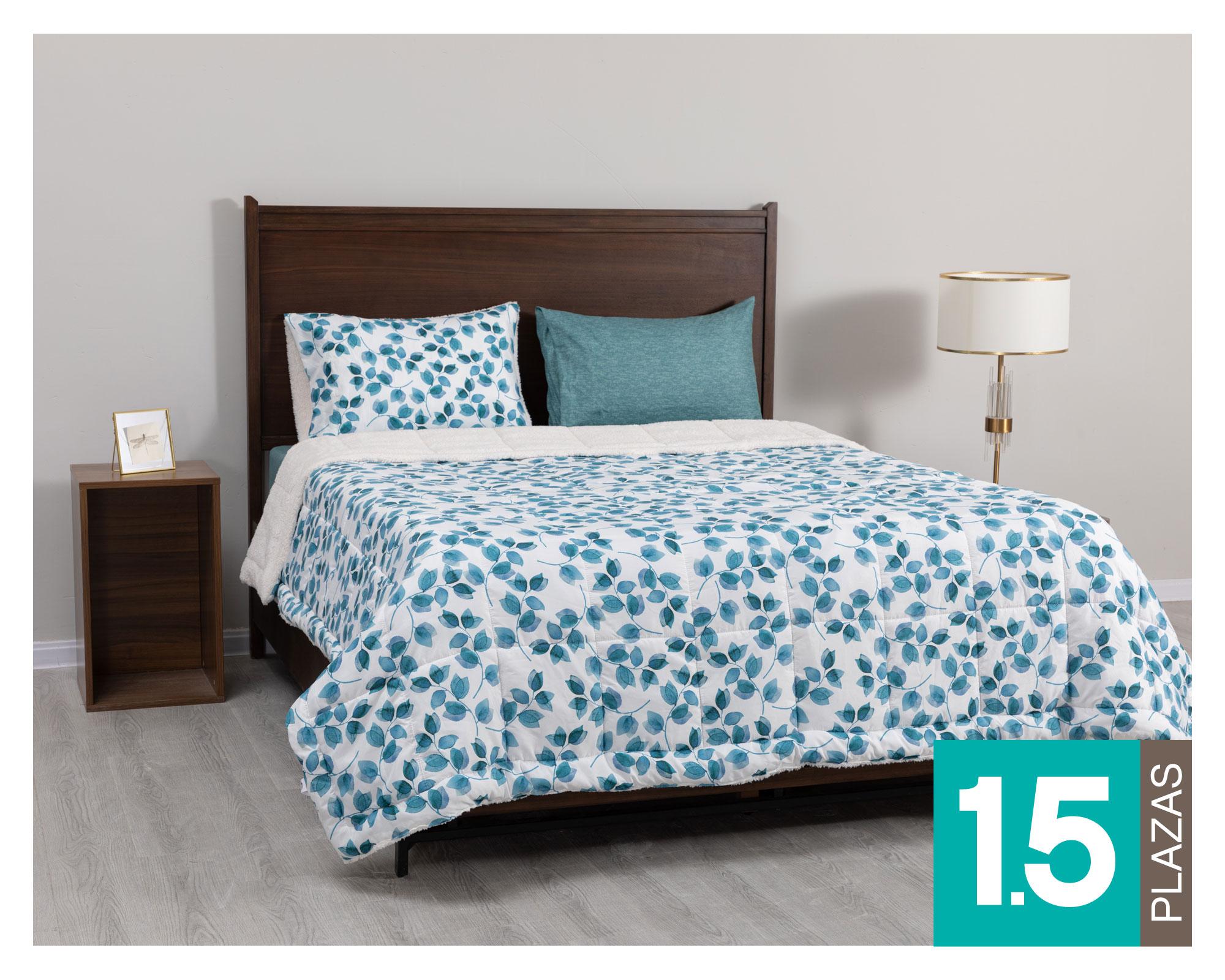 Plumón sherpa + juego sábanas 1.5 plazas hojas Cotidiana-0