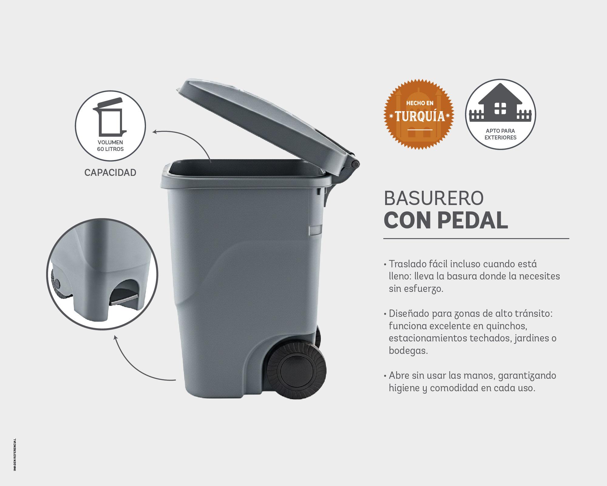 Basurero 60 litros Pedal con ruedas Cotidiana-3