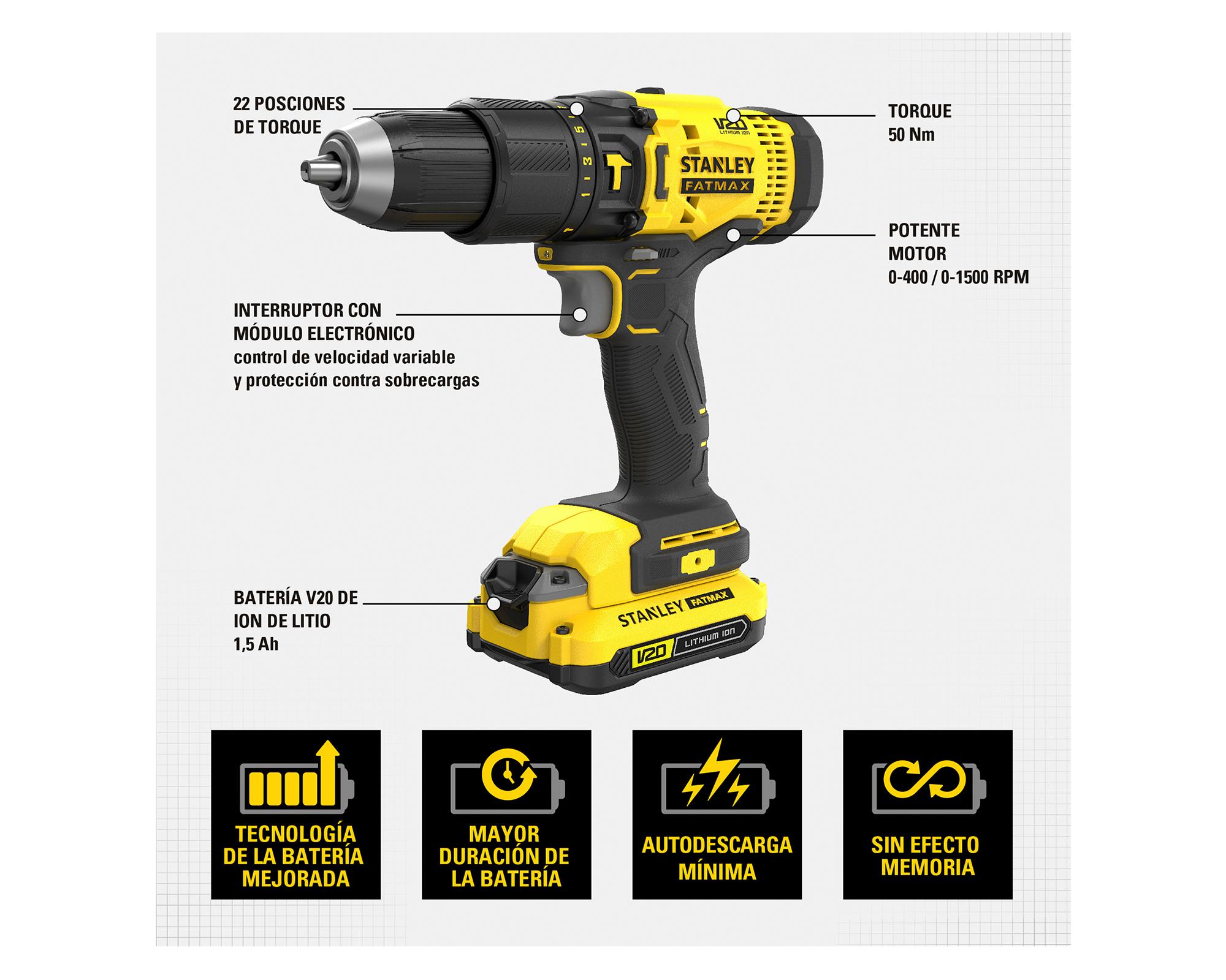 Kit taladro percutor 13 mm 20V + 2 Baterías 1.5 Ah-3