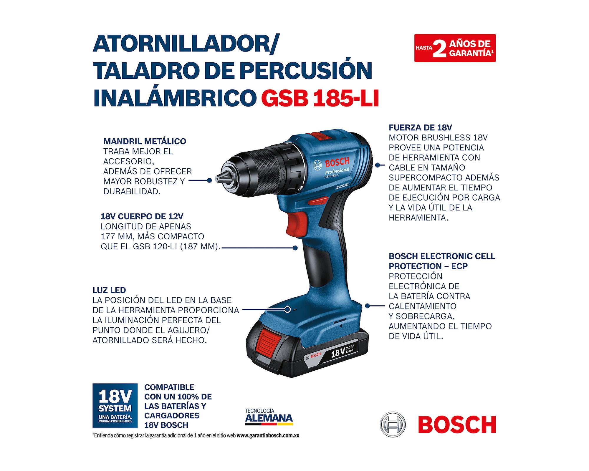 Taladro percutor 2A 18V 13mm GSB 185-LI + batería + maletín-3