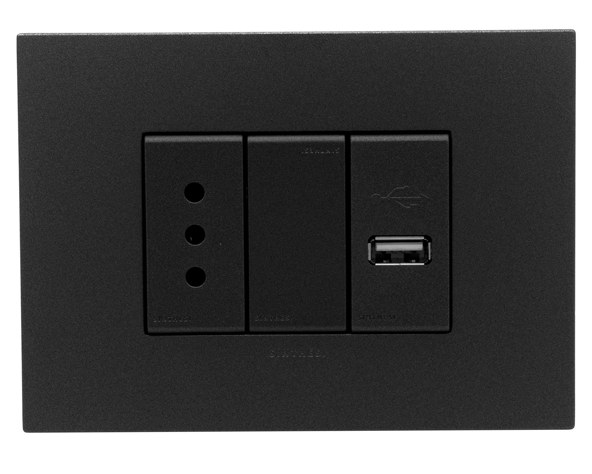 Placa armada toma corriente simple 10A + USB 1A S44 carbón-0