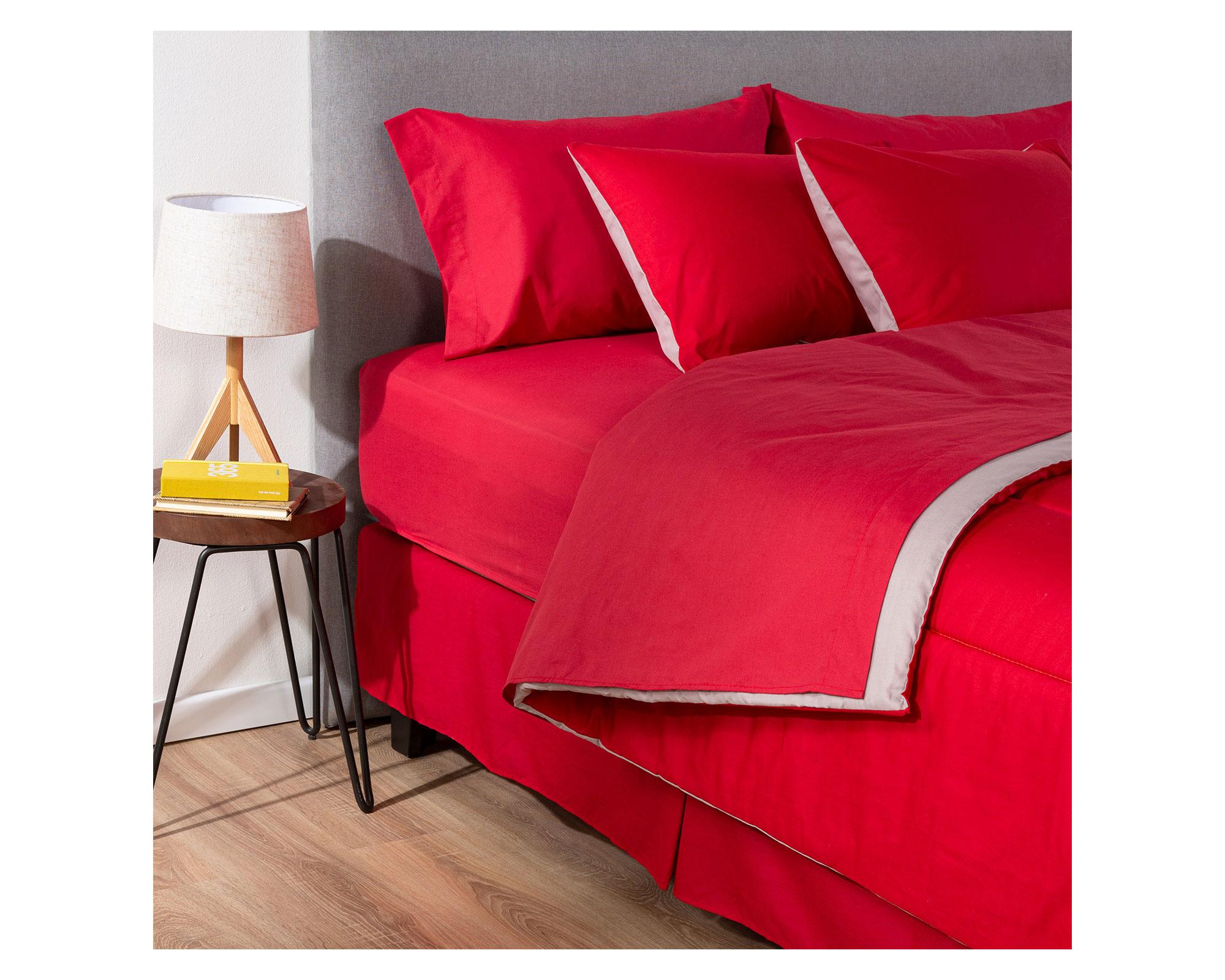 Plumón bicolor 2 plazas rojo/gris + Juego de sábanas rojo + Faldón rojo-1