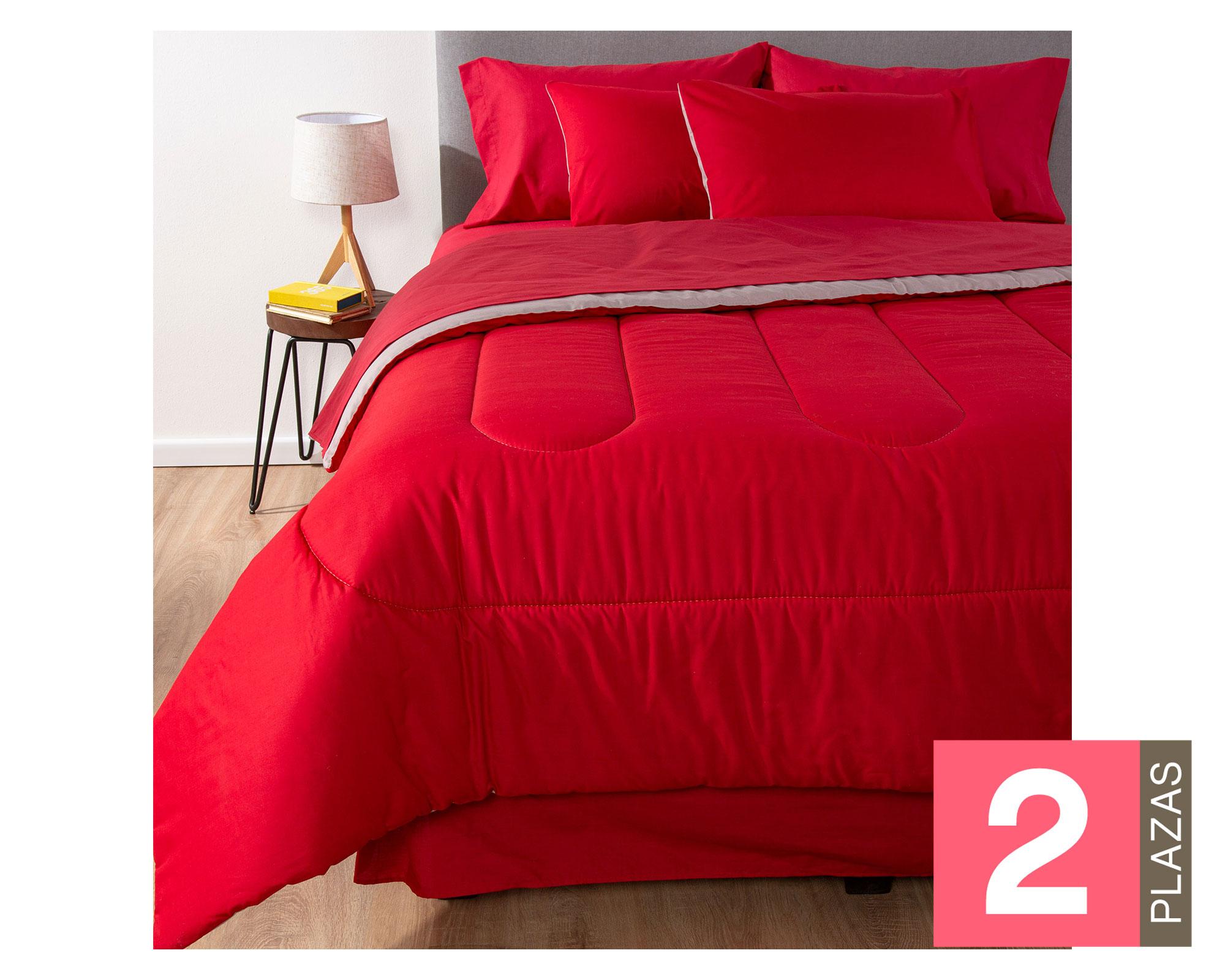 Plumón bicolor 2 plazas rojo/gris + Juego de sábanas rojo + Faldón rojo-0