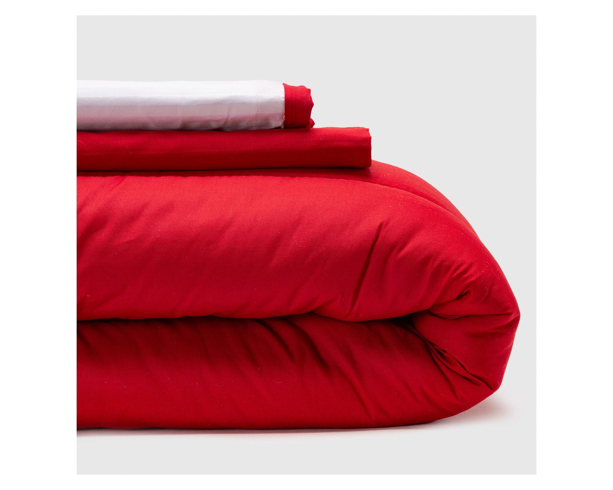 Plumón bicolor 2 plazas rojo/gris + Juego de sábanas rojo + Faldón rojo-2