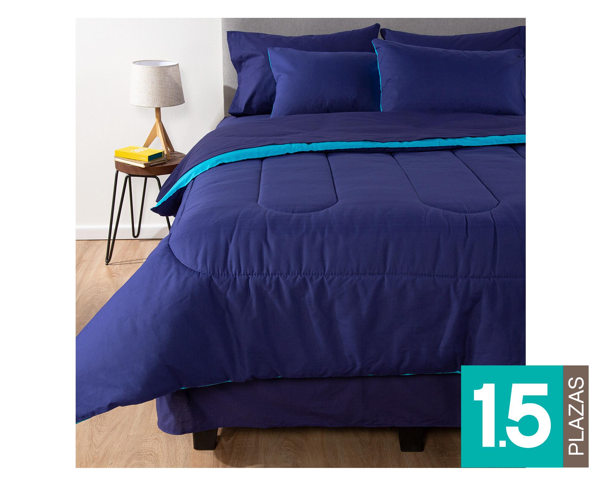 Plumón bicolor 1.5 plazas azul/celeste + Juego de sábanas azul + Cubre colchón blanco + Faldón azul-0