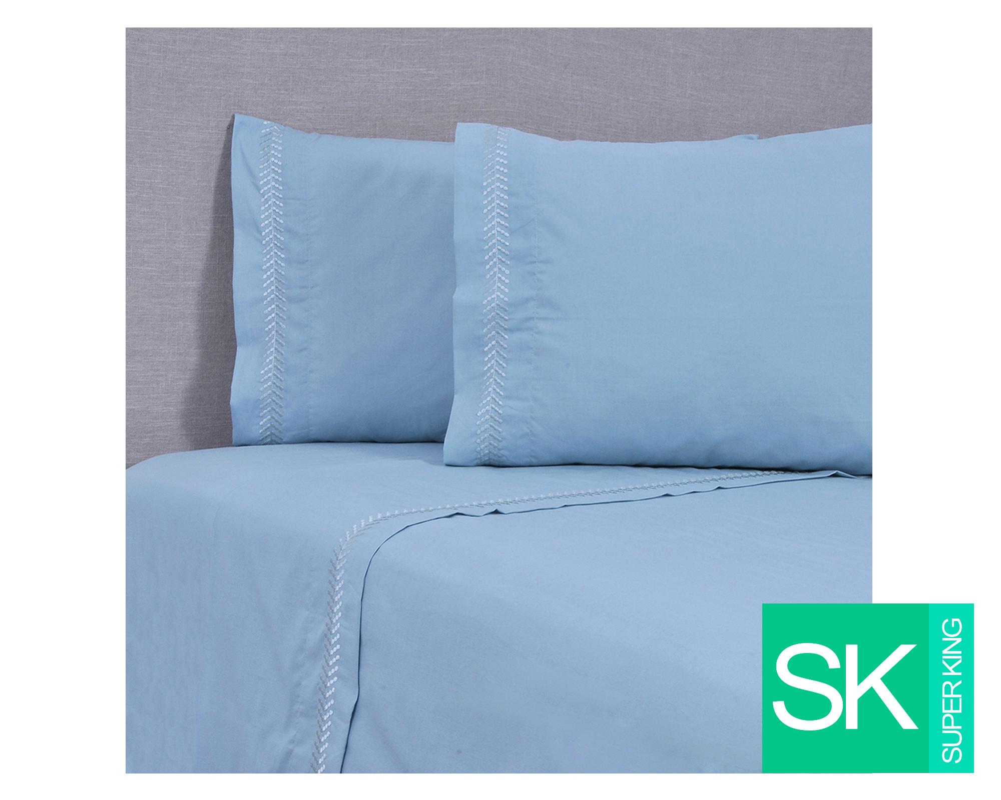 Juego de sábanas bordada súper king 144H Puntos celeste-0