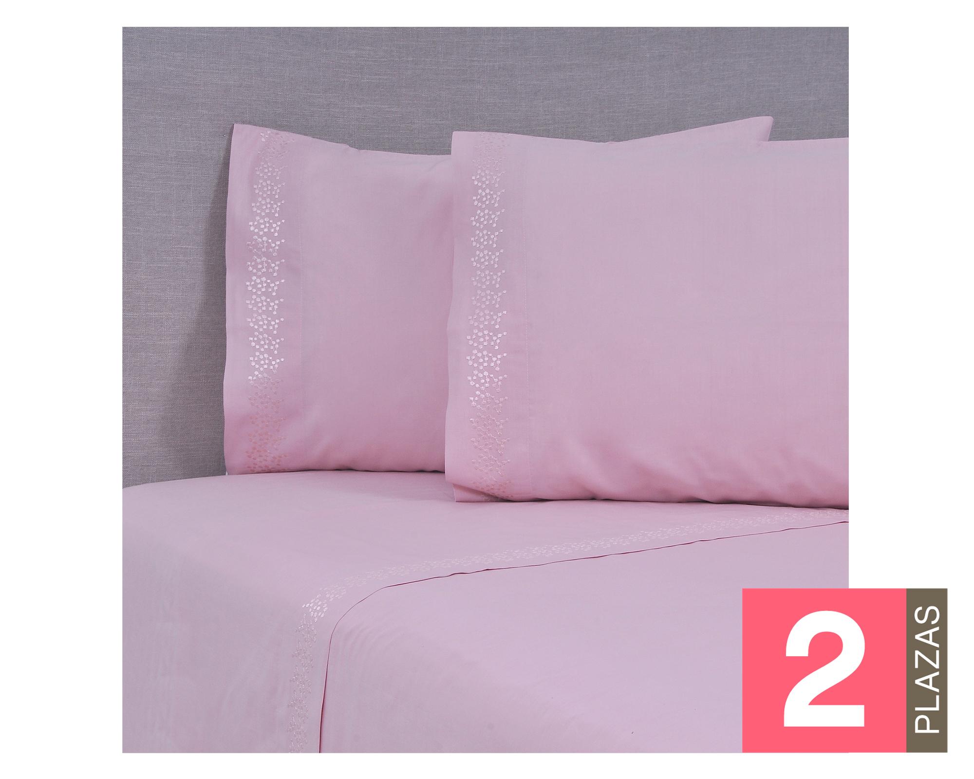 Juego de sábanas bordada 2 plazas 144H Puntos rosado-0