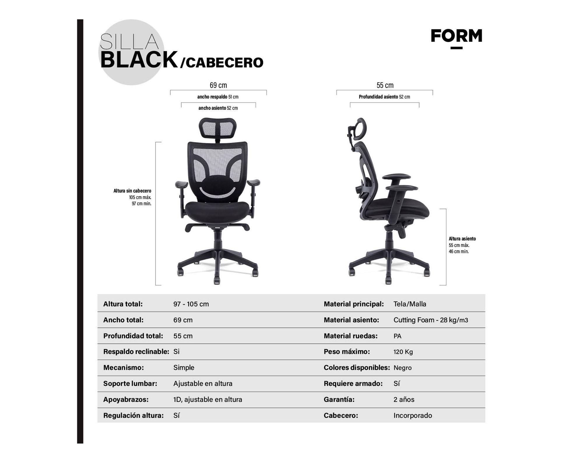 Silla escritorio con cabecero Black negro-4