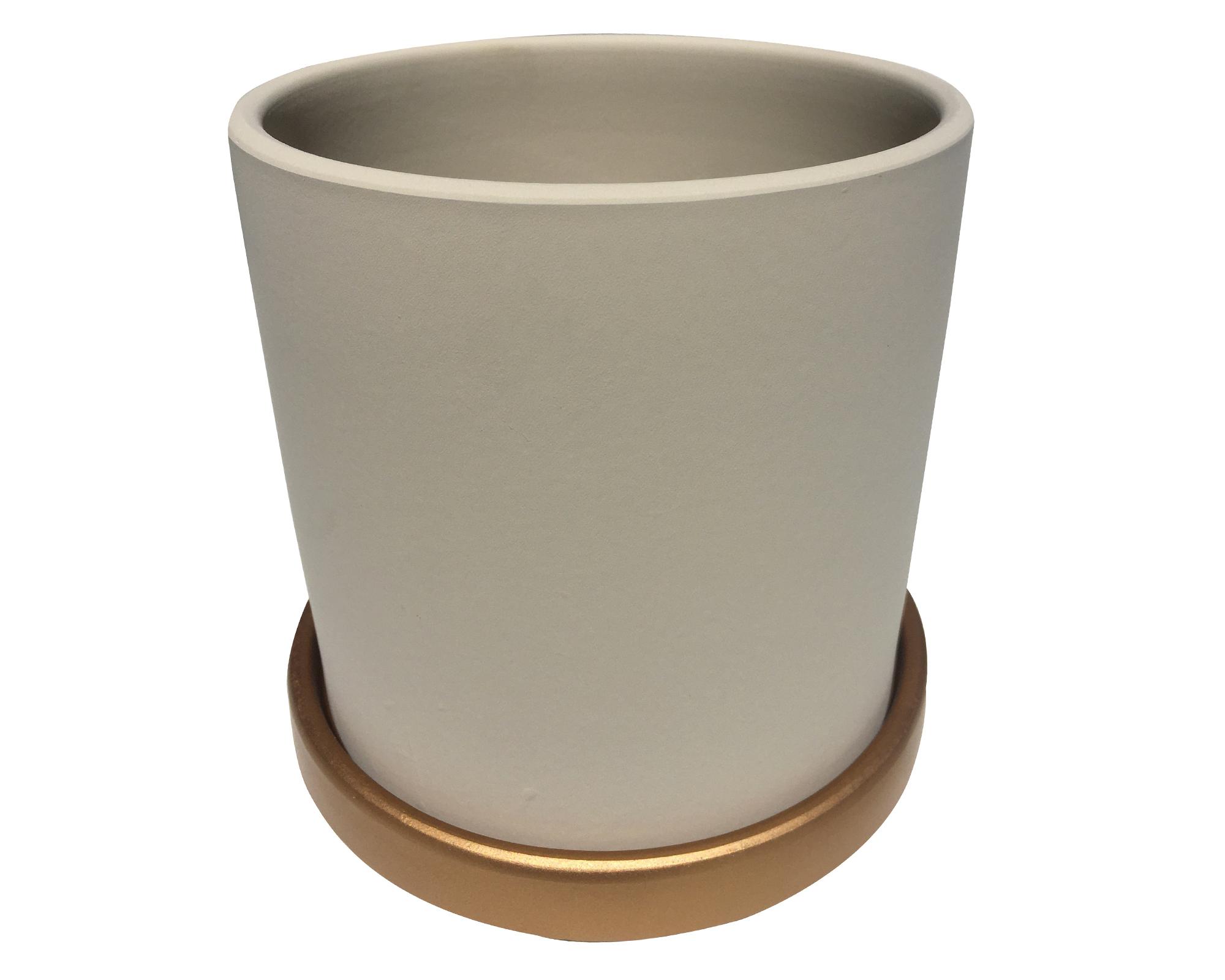 Macetero cilindro crema con plato dorado L 18x18 cm-0